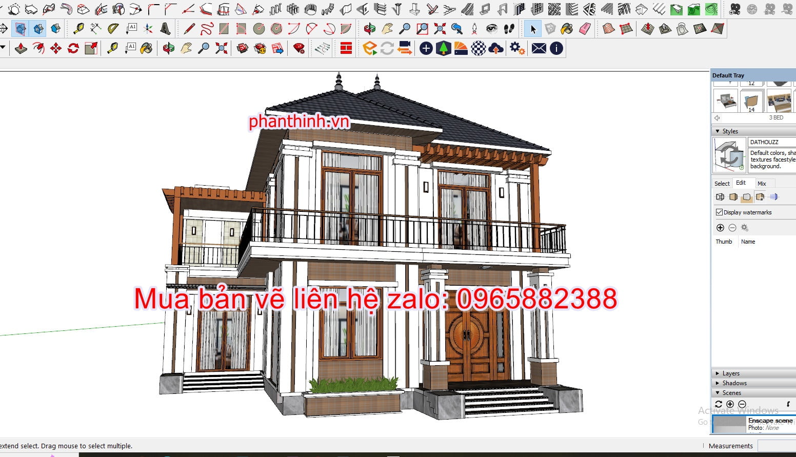 File 3D Sketchup ngoại thất ngôi biệt thự 2 tầng mái nhật.
