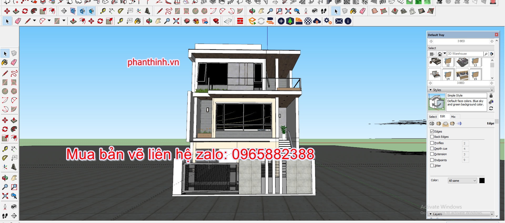 Mẫu thiết kế biệt thự 3 tầng hiện đại 3D sketchup.