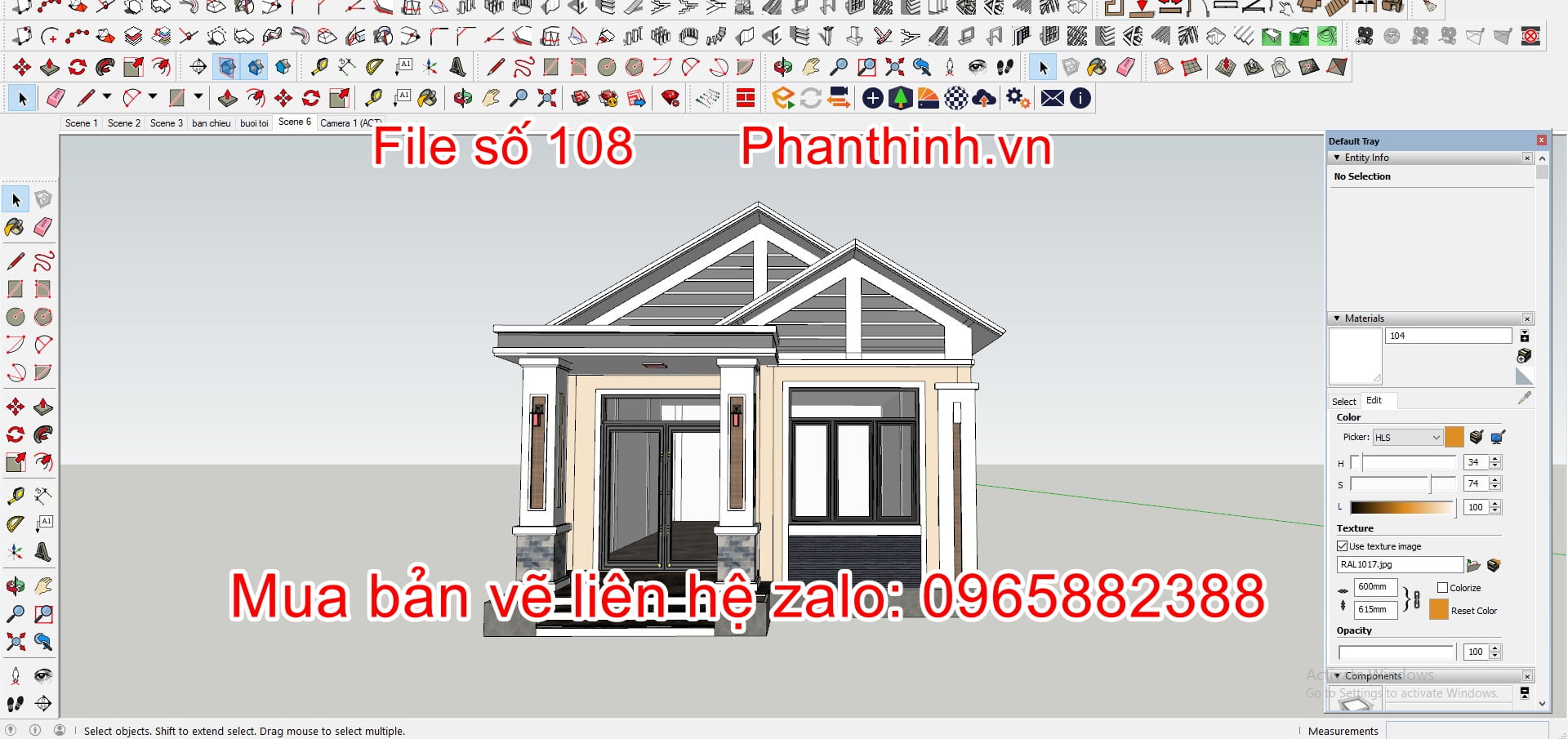 Thiết kế 3D sketchup ngoại thất nhà cấp 4 mái thái 2 phòng ngủ
