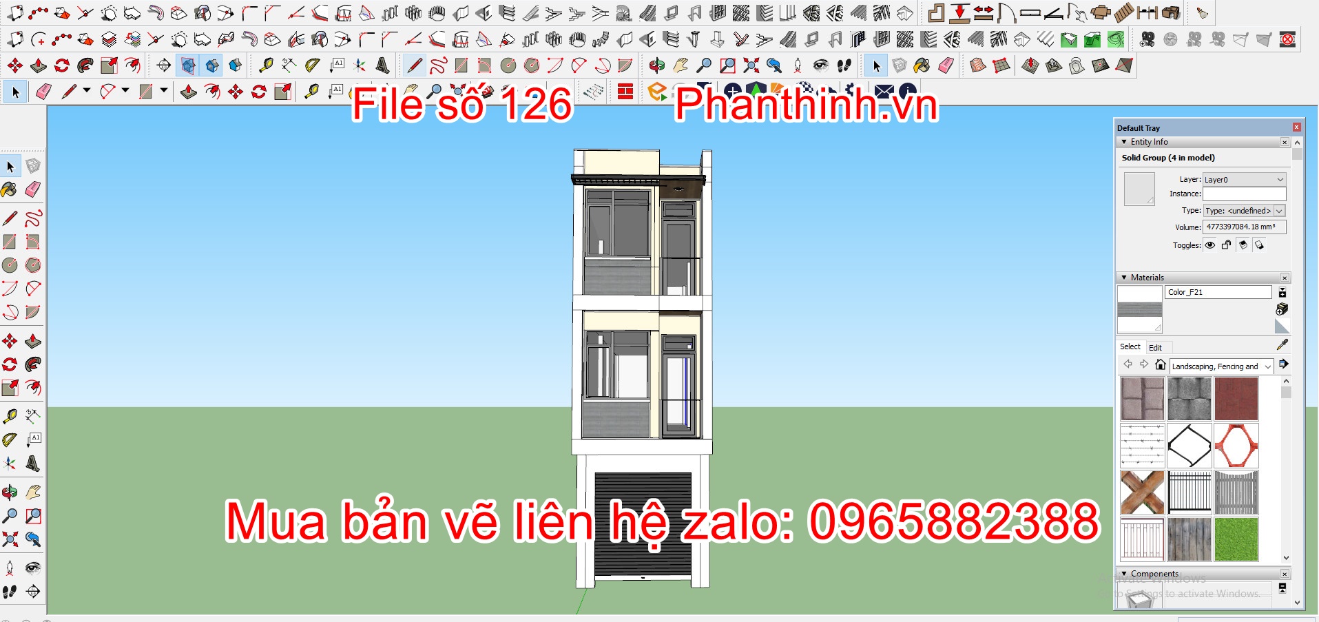 3D sketchup nhà 3 tầng mặt tiền rộng 3,2m