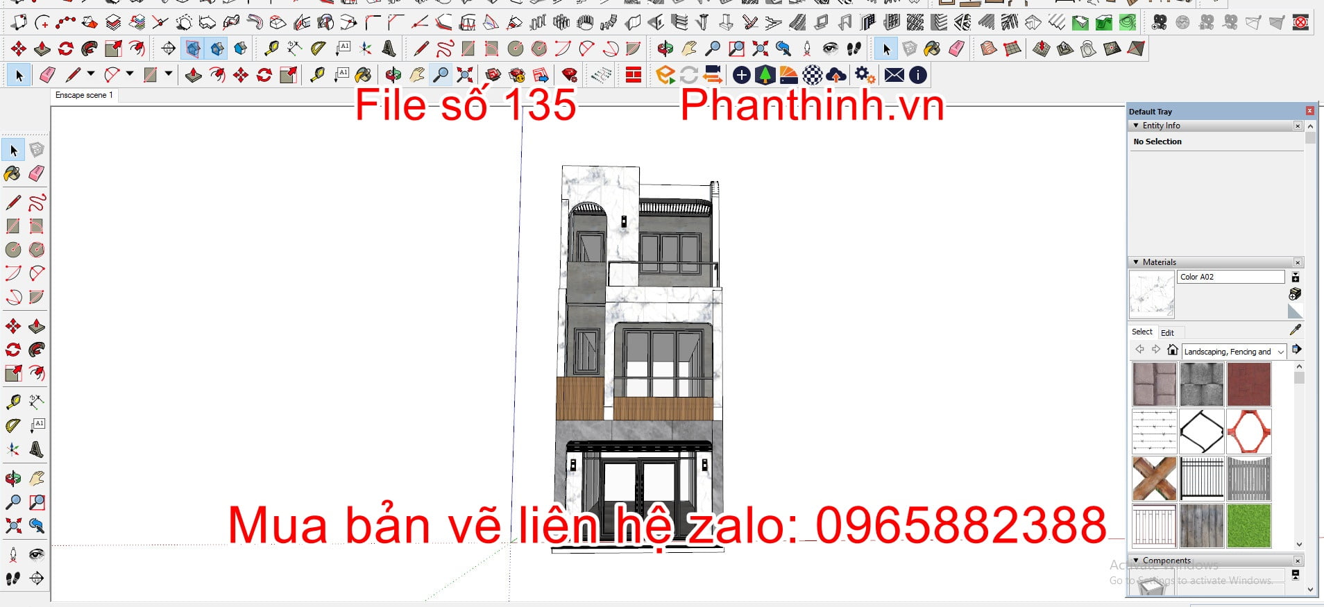 3D sketchup nhà phố 3 tầng hiện đại mặt tiền 5mx16,5m