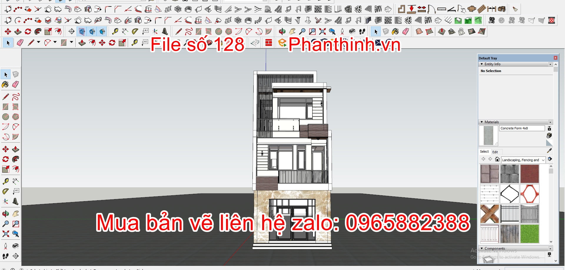 3D sketchup nhà ống 3 tầng hiện đại mặt tiền 5,3m