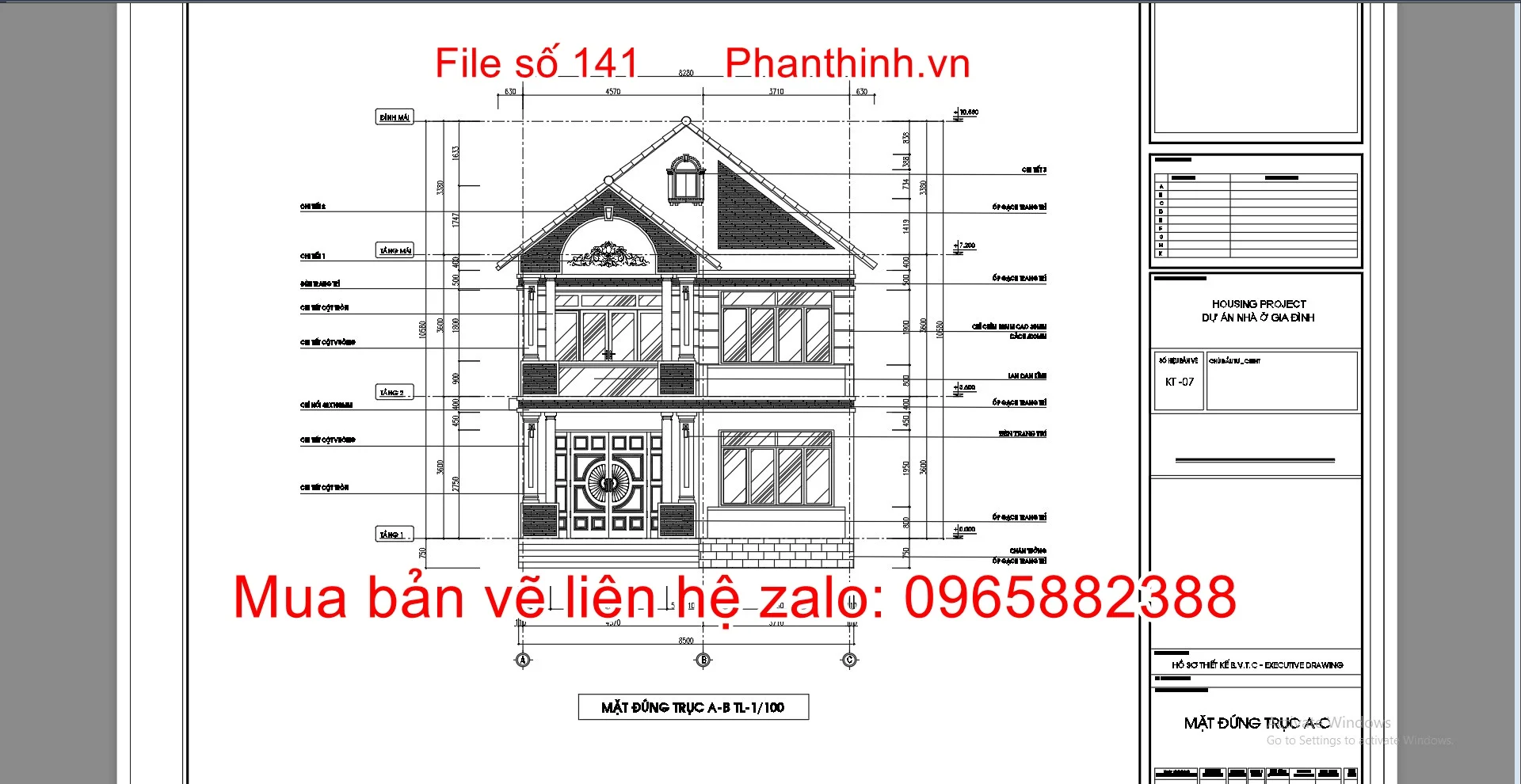 Mặt đứng công trình ngôi biệt thự 2 tầng mái thái 8,5m