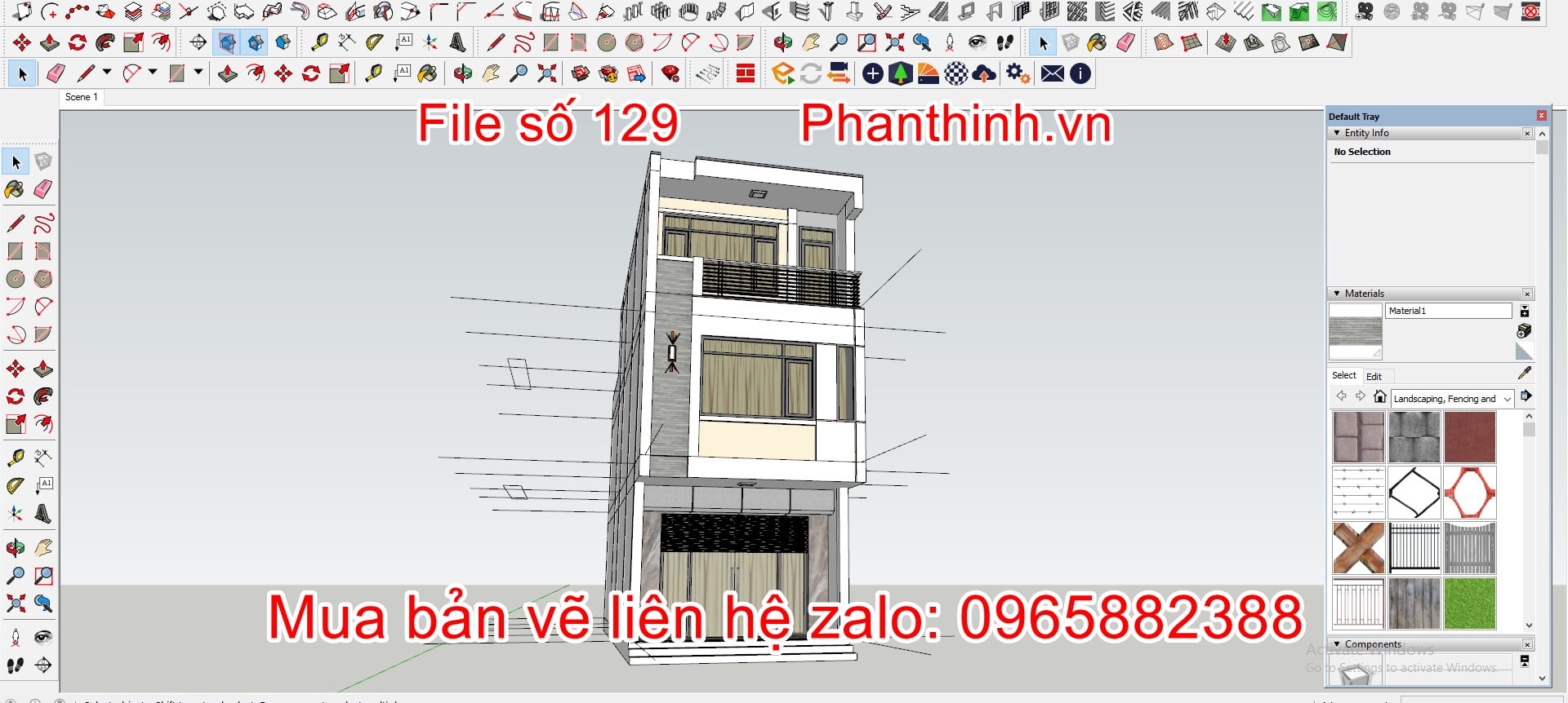 Thiết kế 3D sketchup nhà ống nhà phố 3 tầng mặt tiền 5mx15m