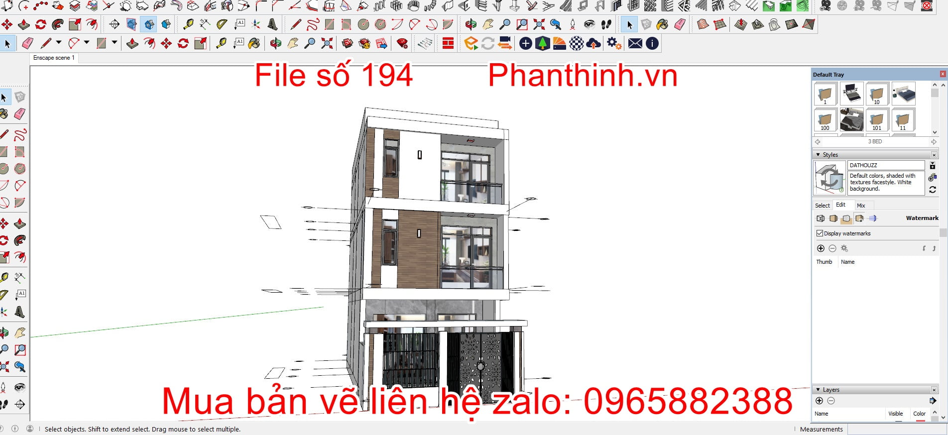3D sketchup nhà phố 3 tầng 6m