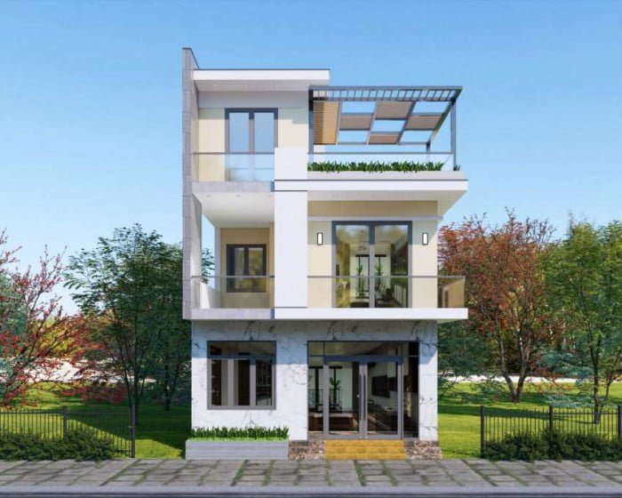 Thiết kế phối cảnh mặt tiền nhà 3 tầng hiện đại ở Hoành Bồ Hạ Long Quảng Ninh