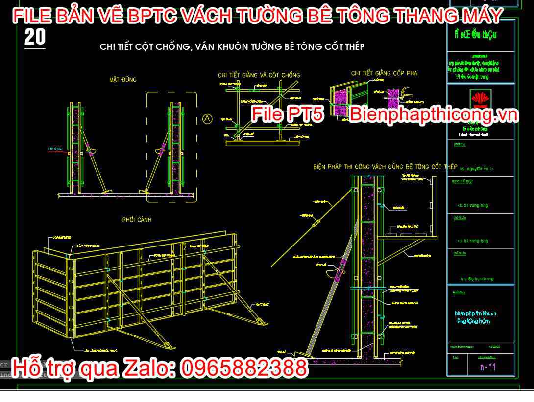 Bản vẽ chi tiết cột chống, ván khuôn tường bê tông cốt thép.