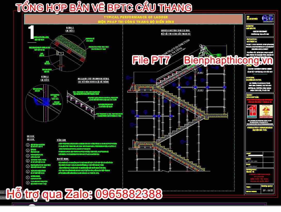 Bản vẽ biện pháp thi công ván khuôn cầu thang bộ cad.