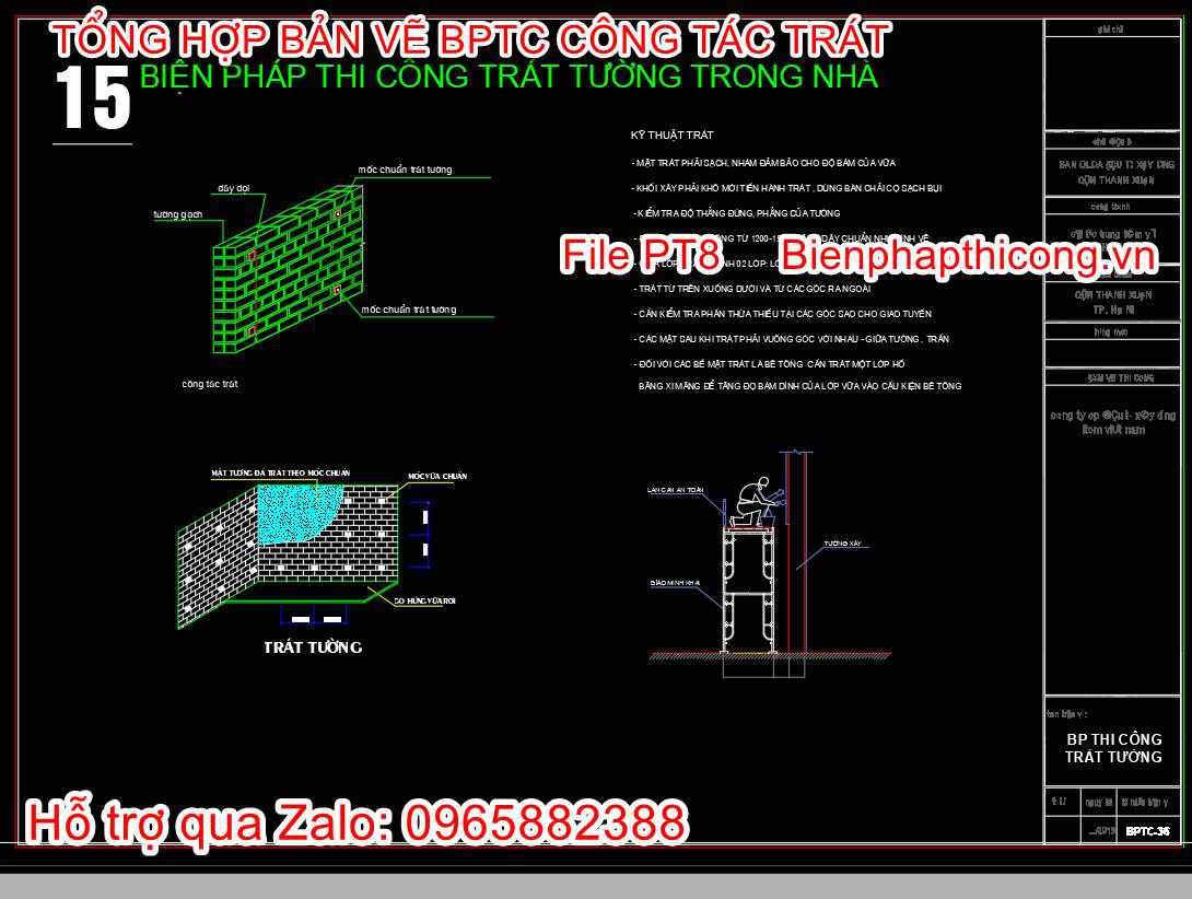 Bản vẽ biện pháp thi công trát tường trong nhà cad.