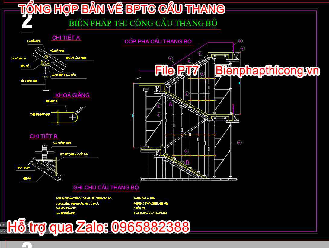 Bản vẽ biện pháp thi công cốp pha cầu thang bộ cad.