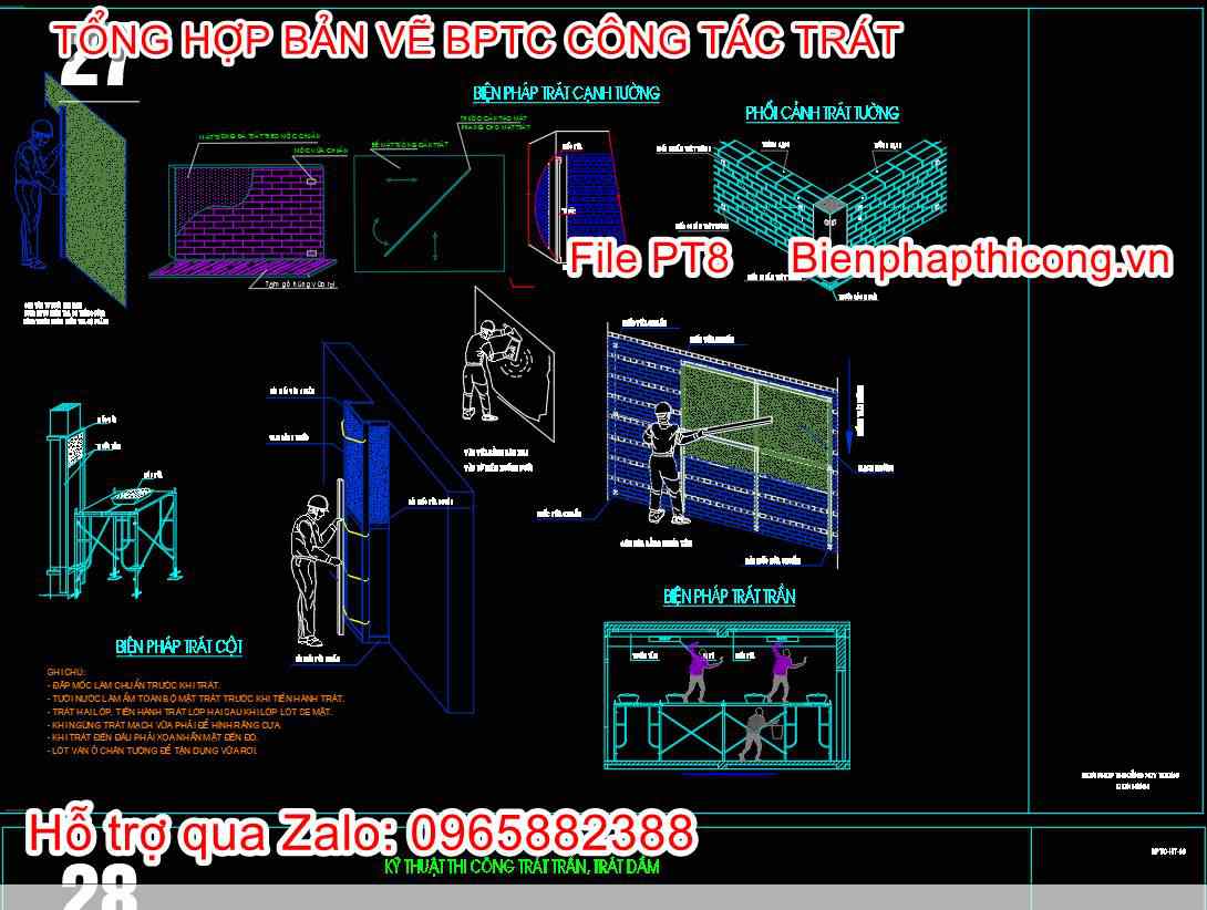 Bản vẽ biện pháp thi công trát cạnh tường cad.