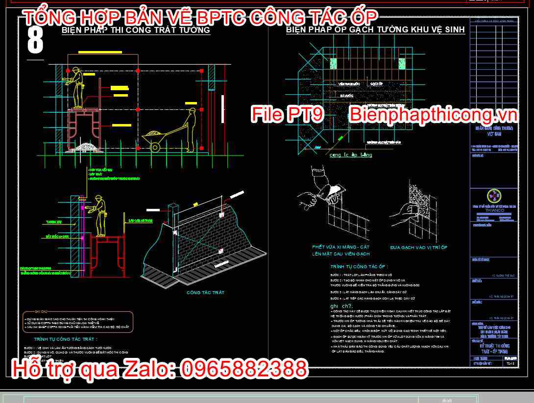 Bản vẽ biện pháp thi công ốp gạch tường khu vệ sinh cad.