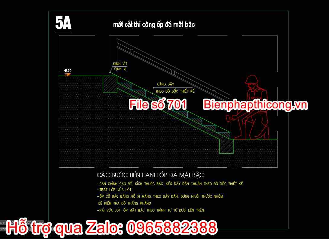 Bản vẽ biện pháp thi công ốp lát đá bậc cầu thang.