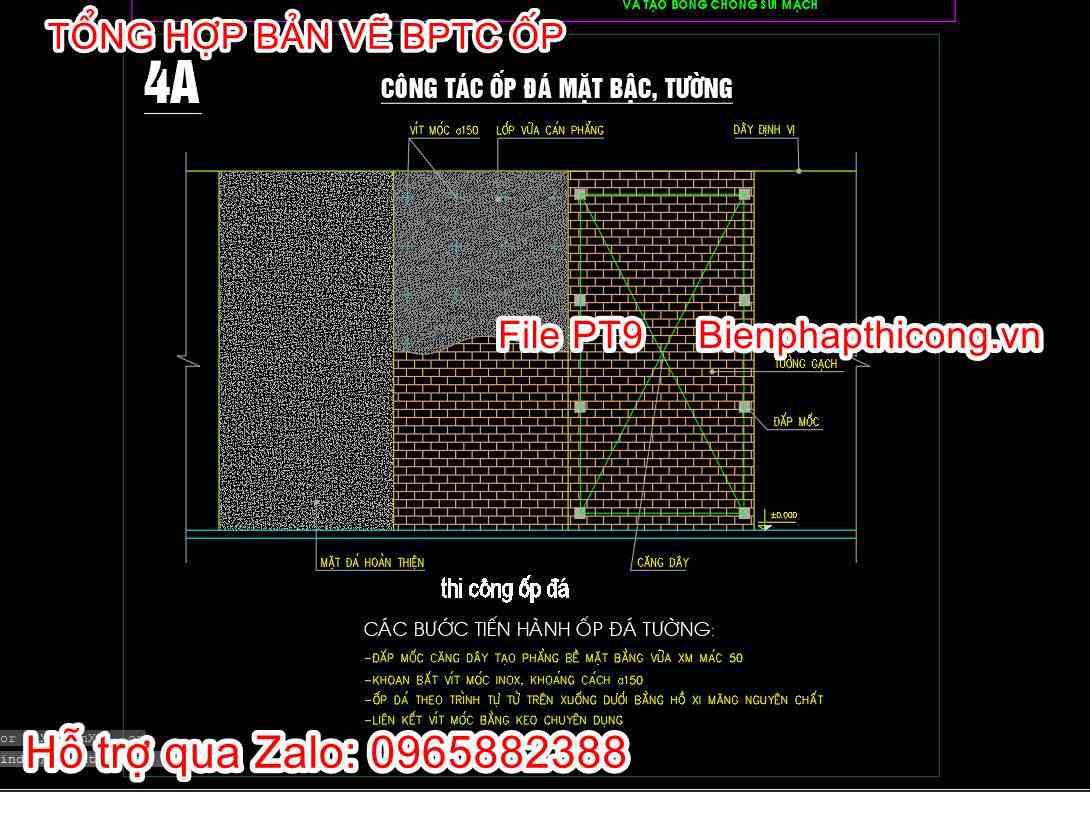 Bản vẽ bptc công tác ốp đá mặt bậc tường.