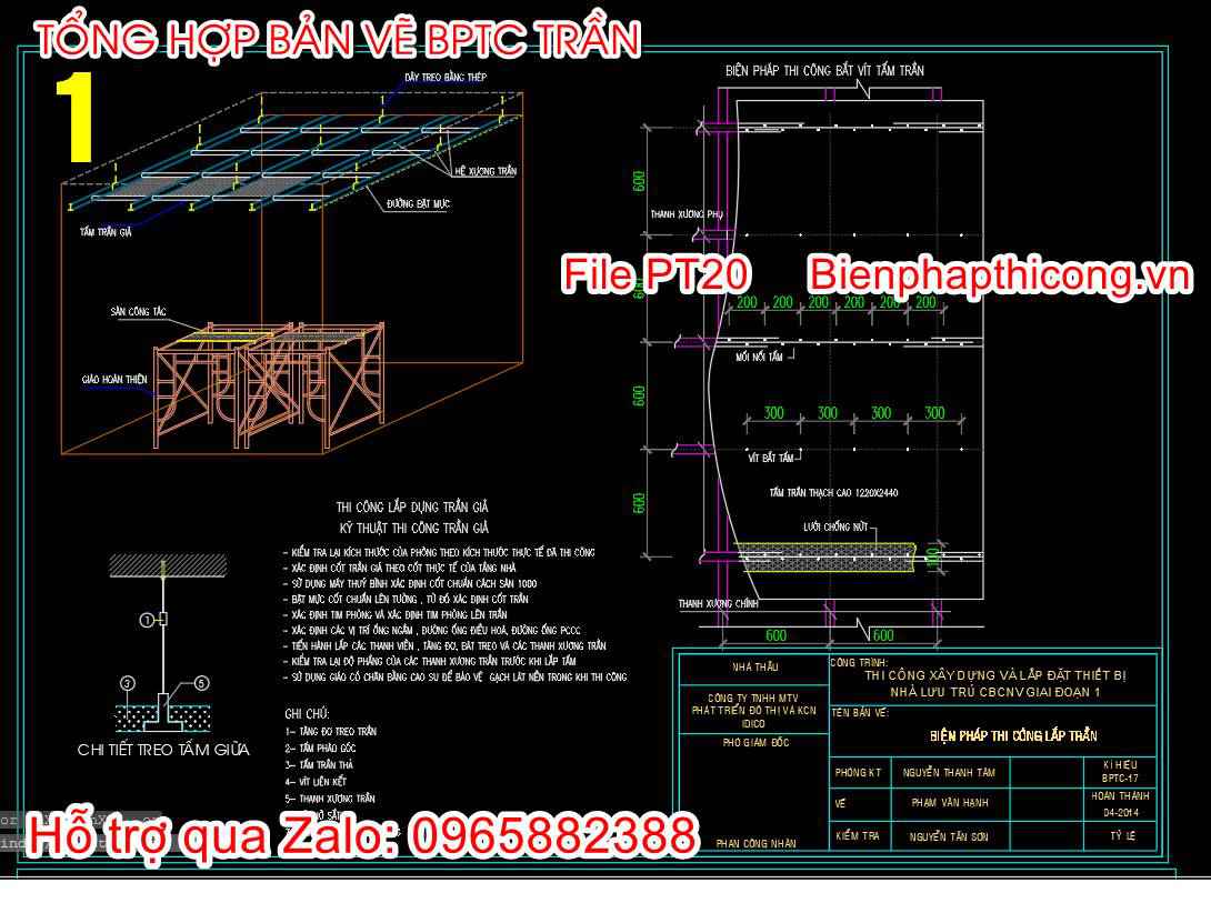 Bản vẽ biện pháp thi công lắp trần cad.