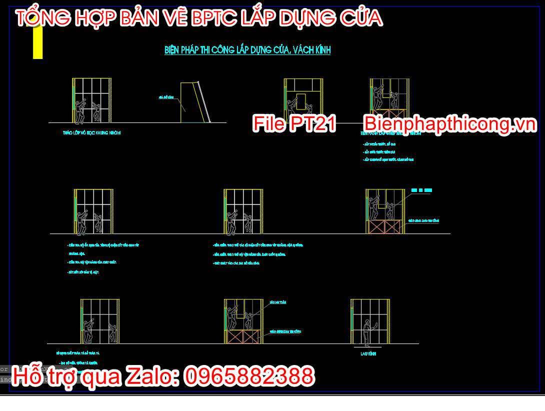 Bản vẽ biện pháp thi công lắp dựng cửa, vách kính.