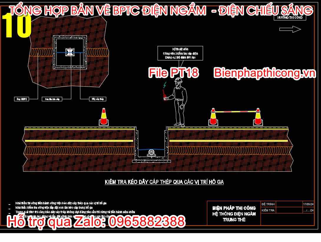Bản vẽ biện pháp kiểm tra kéo dây cáp thép qua các vị trí hố ga.