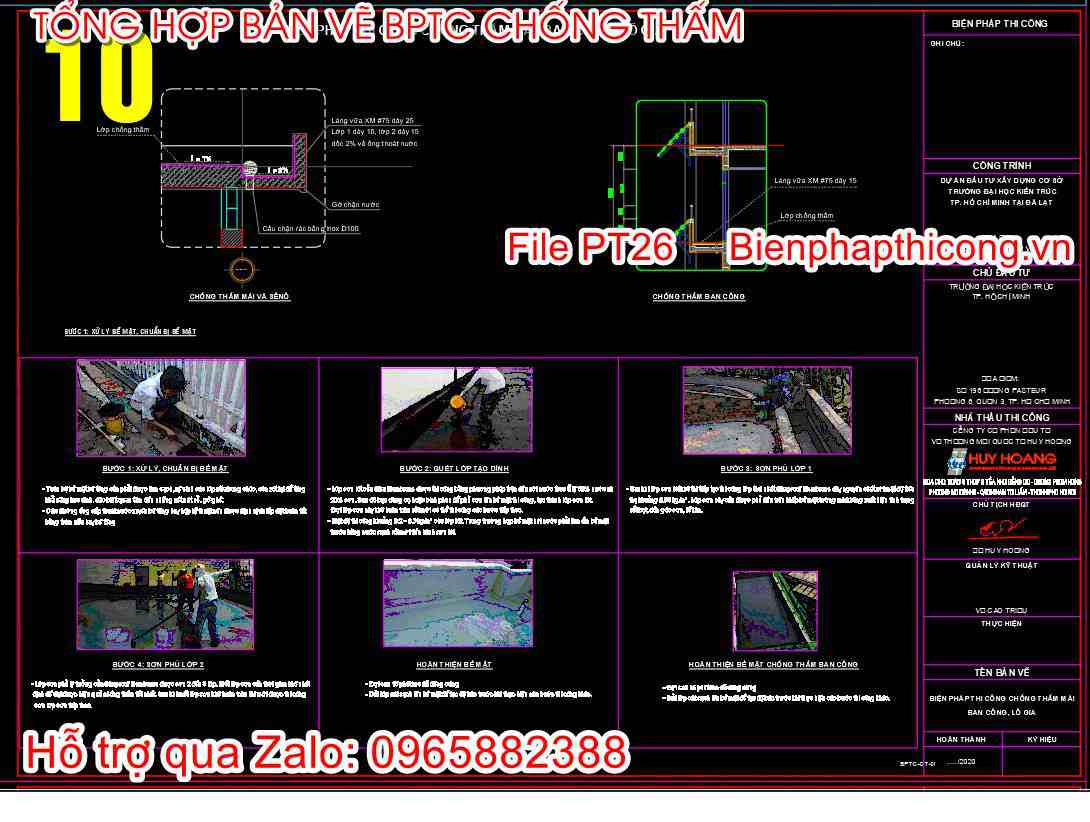 Bản vẽ biện pháp thi công chống thấm mái ban công.