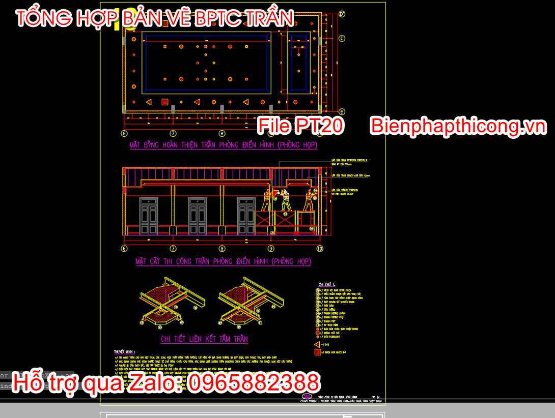 Mặt cắt thi công chi tiết trần phòng điển hình.