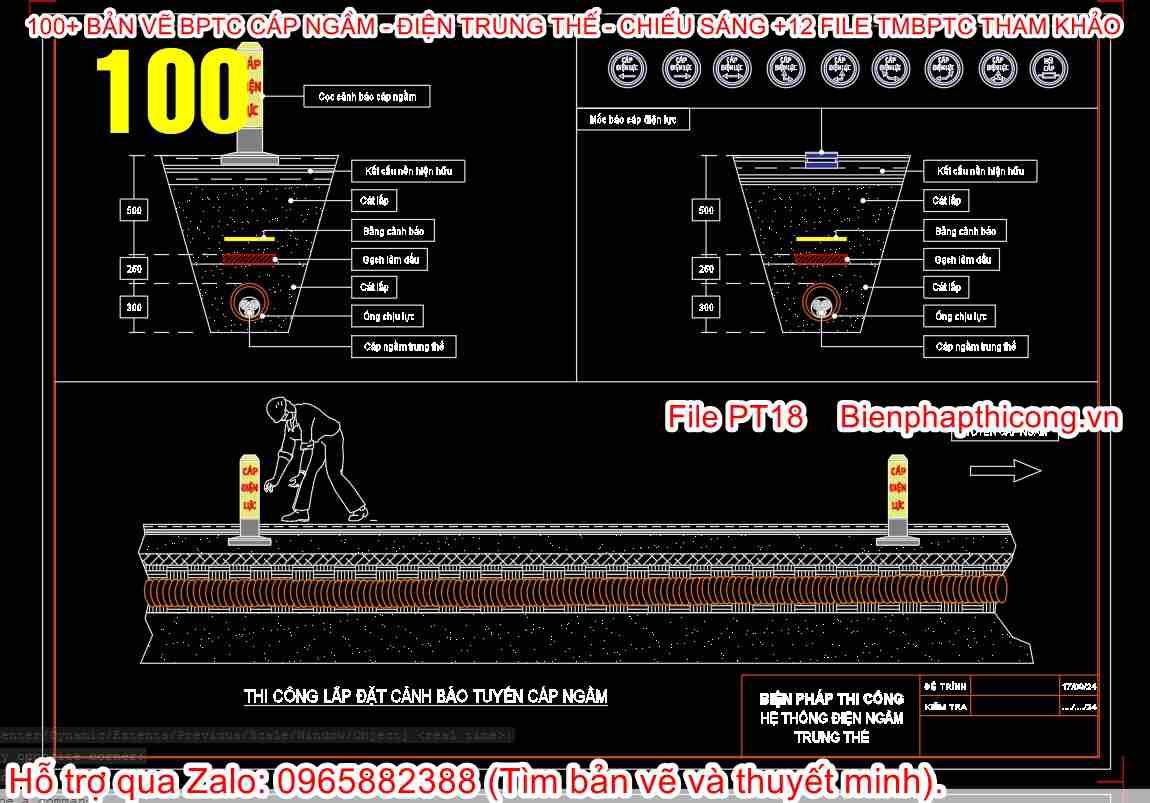 Thi công lắp đặt cảnh báo tuyến cáp ngầm.