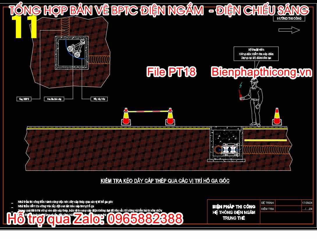 Bản vẽ kiểm tra kéo dây cáp thép qua các vị trí hố ga góc.