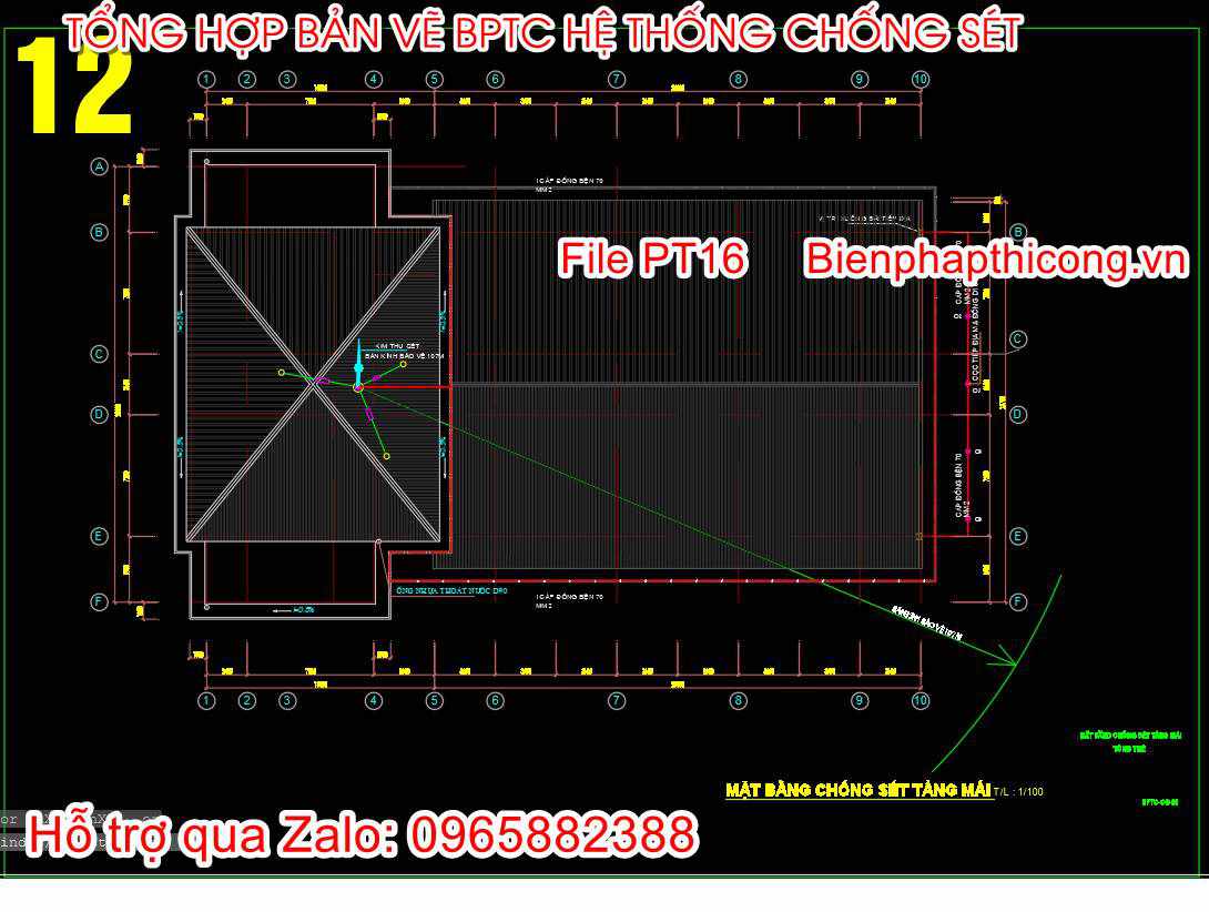 Mặt bằng chống sét tầng mái cad.