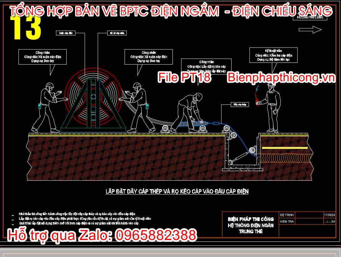 Lắp đặt dây cáp thép và rọ kéo cáp vào đầu cáp điện.