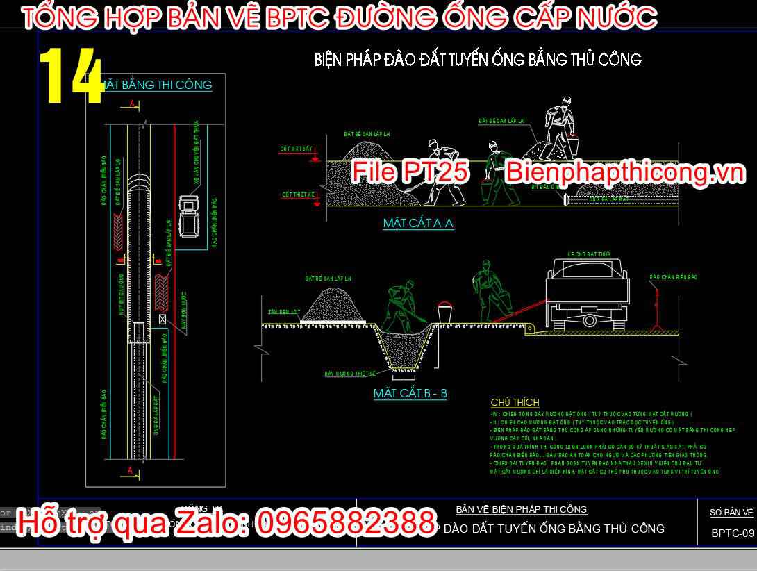 Bản vẽ biện pháp đào đất tuyến ống bằng thủ công.