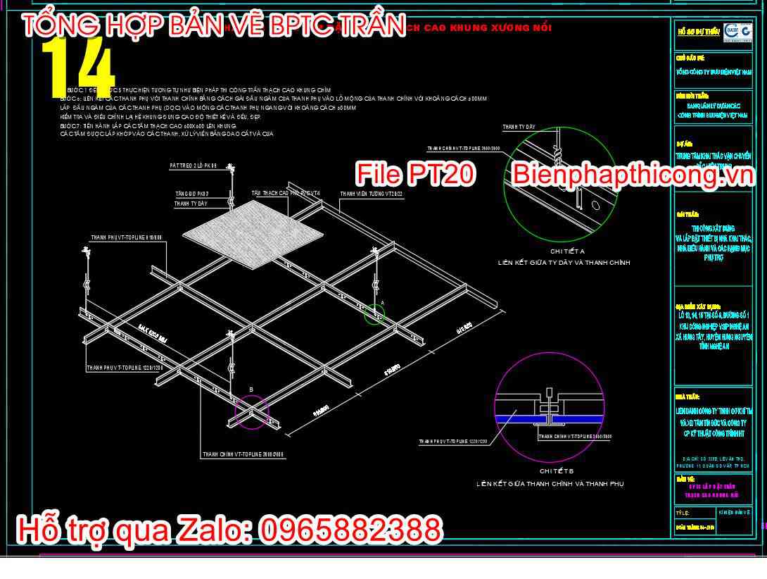 Mẫu biện pháp thi công lắp đặt trần thạch cao khung xương nổi.