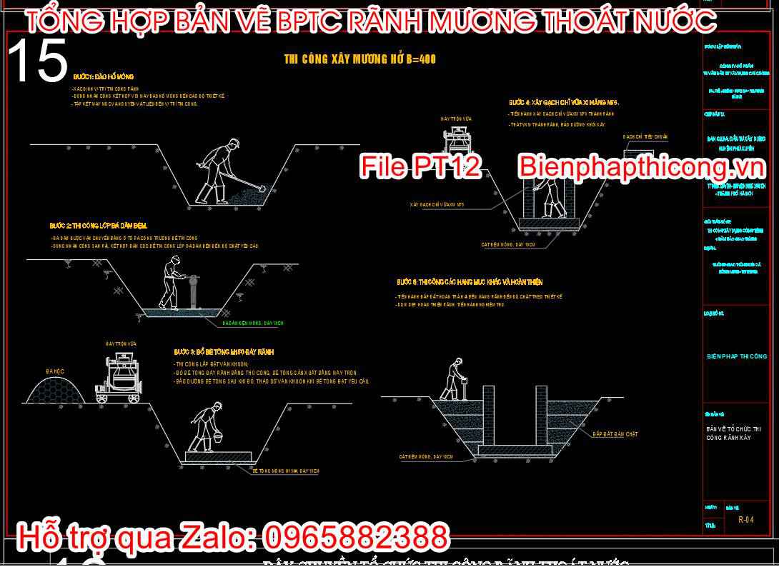 Bản vẽ biện pháp thi công xây mương hở cad.