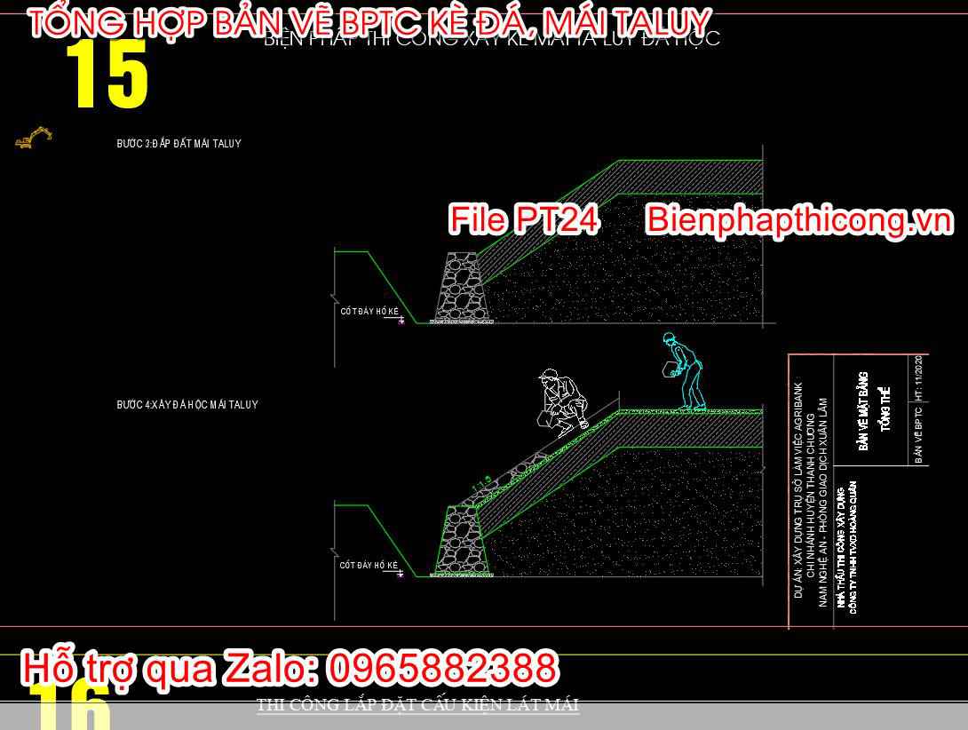 File bản vẽ biện pháp thi công xây kè mái taluy đá hộc.