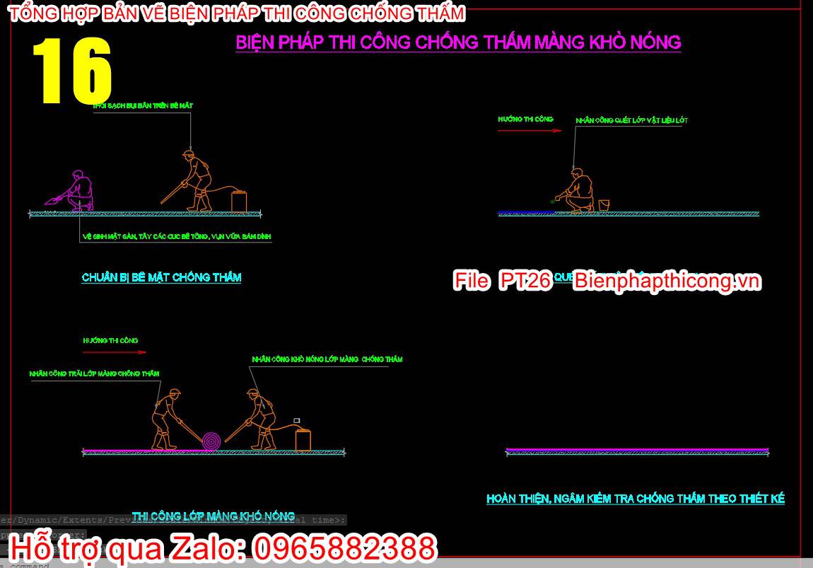 File cad biện pháp thi công chống thấm màng khò nóng.