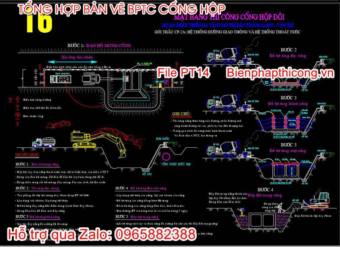 Bản vẽ biện pháp thi công cống hộp đôi cad.