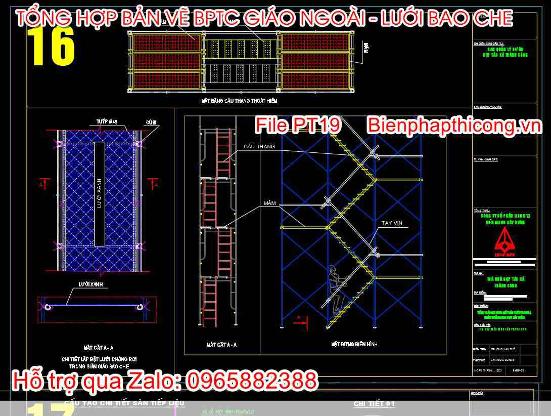 Bản vẽ thang thoát hiểm trong lưới bao che.