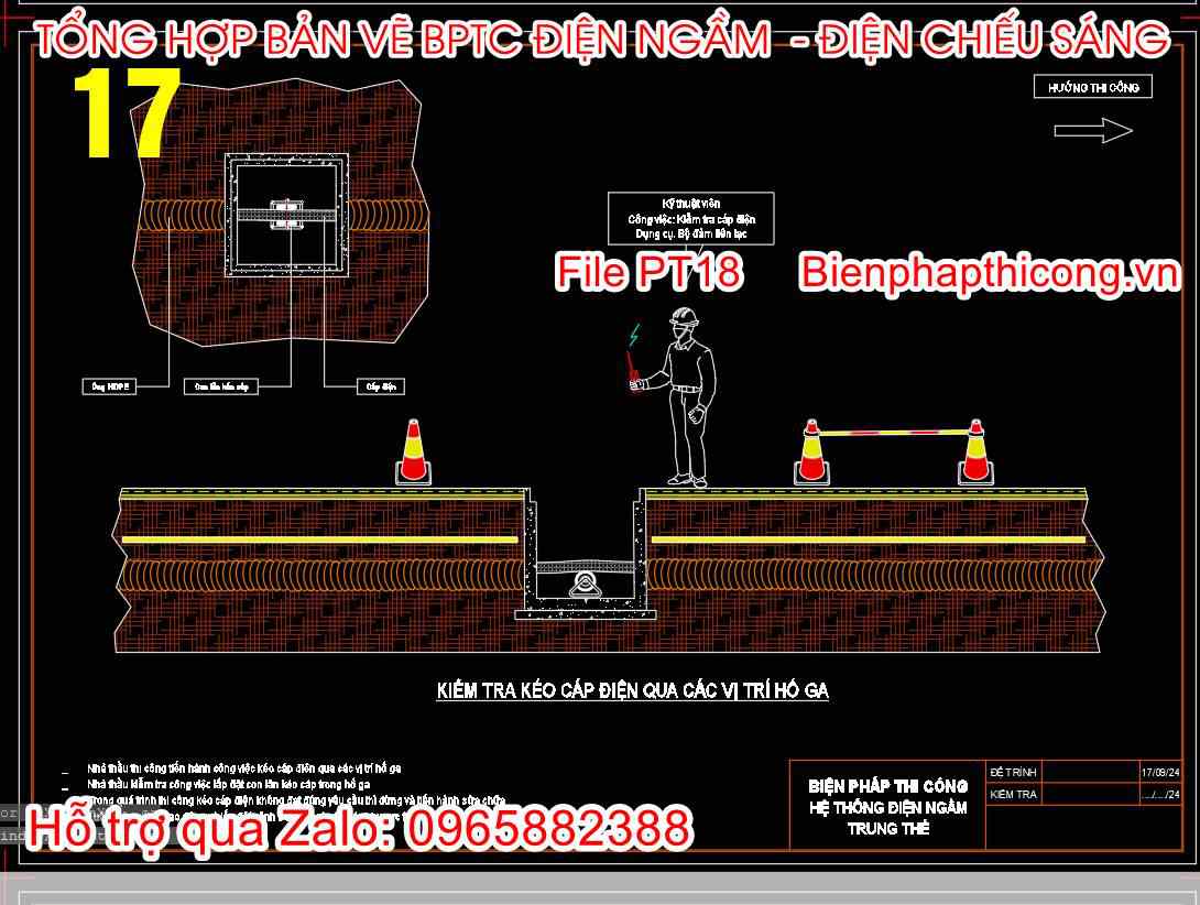 Bản vẽ biện pháp kiểm tra kéo cáp điện qua các vị trí hố ga.