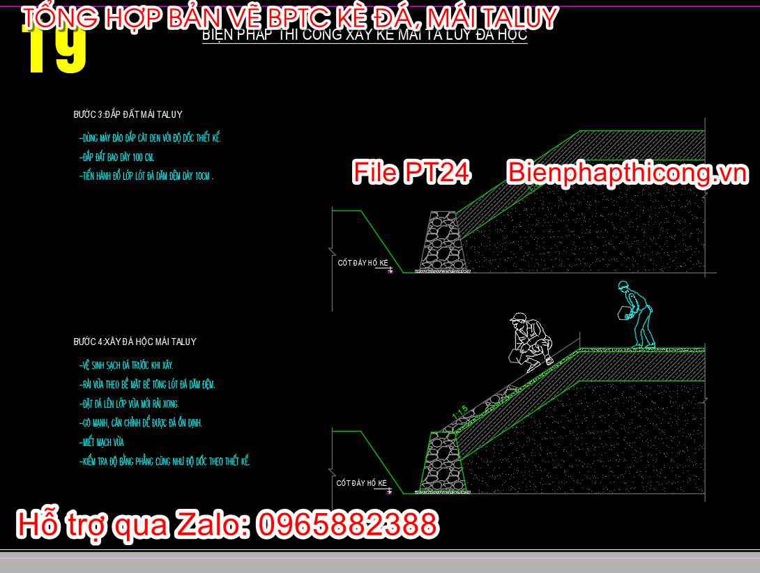 Bản vẽ biện pháp thi công xây kè mái taluy đá hộc.