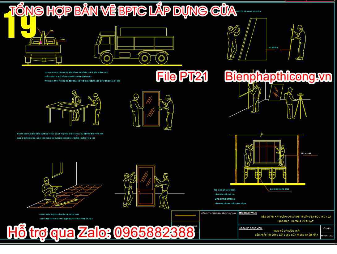 Bản vẽ biện pháp lắp dựng khung nhôm kính cad.