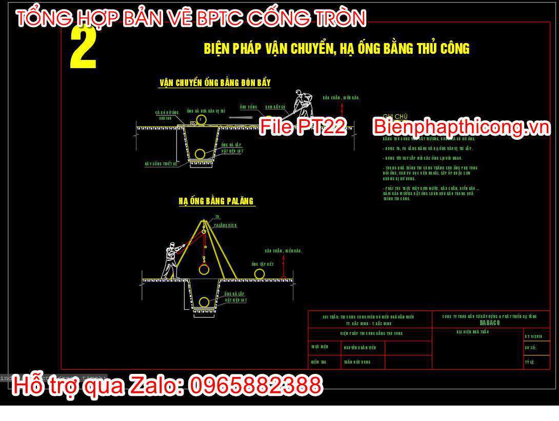 Bản vẽ biện pháp vận chuyển và hạ ống bằng thủ công.