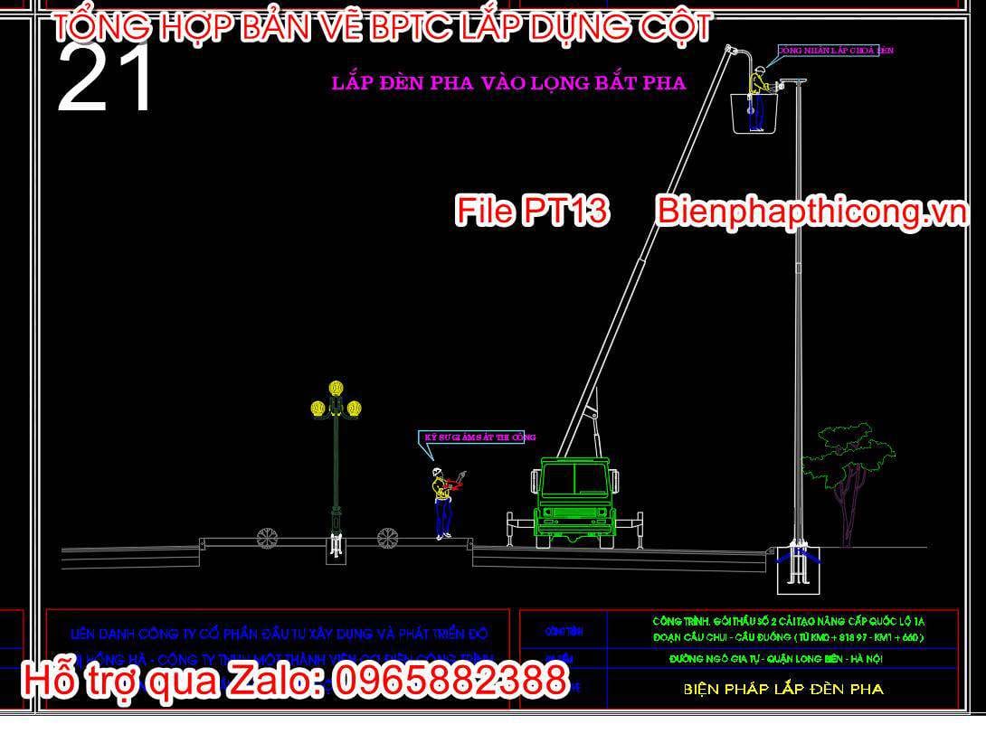 Bản vẽ biện pháp lắp đèn pha và lọng bắt pha.