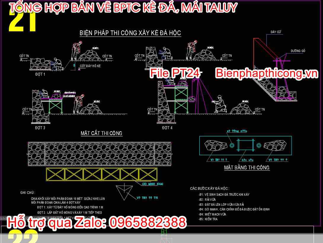 Thư viện biện pháp thi công xây kè đá hộc cad.