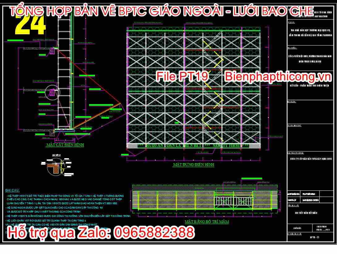 Bản vẽ chi tiết giáo lưới an toàn ngoài nhà.