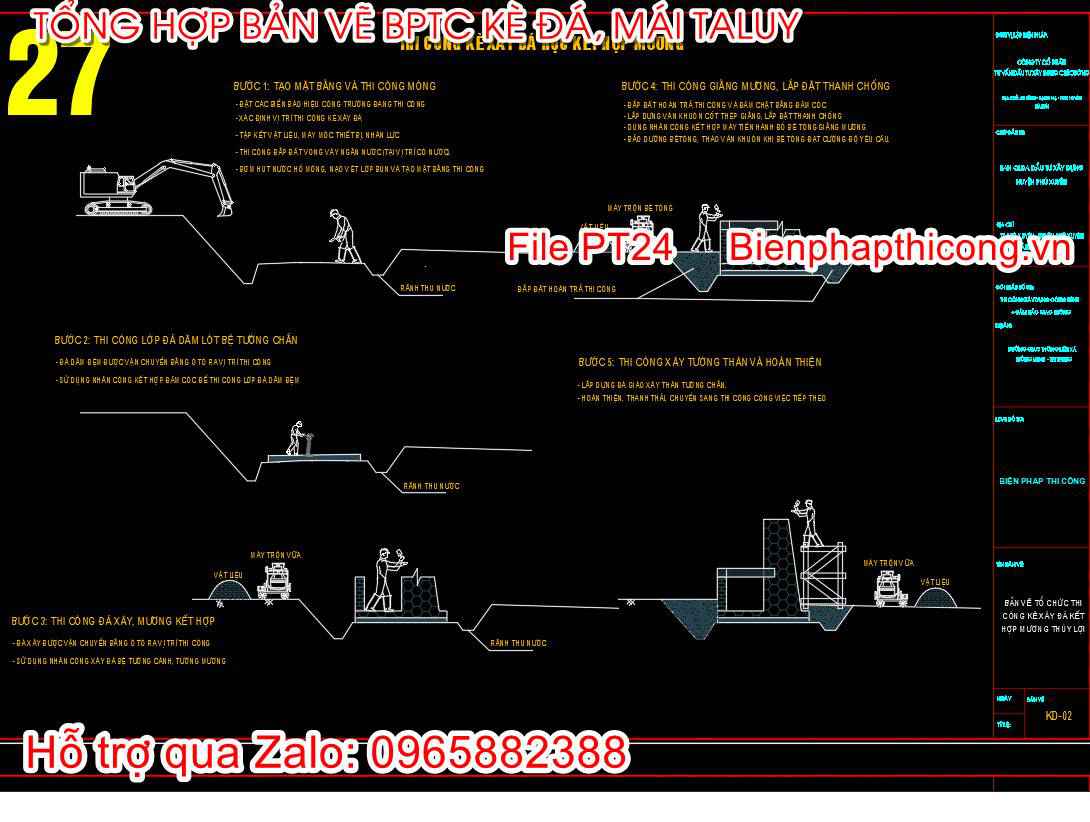 Bản vẽ thi công xây kè đá hộc kết hợp mương.