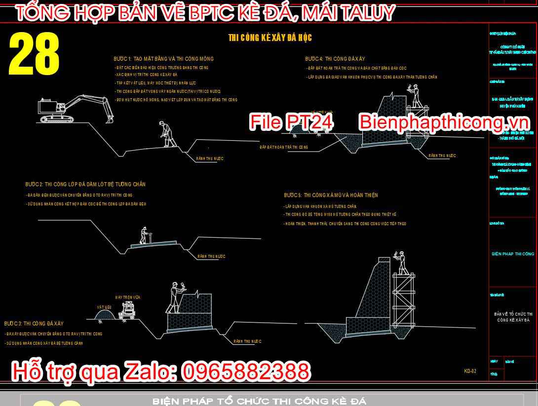 Bản vẽ biện pháp thi công xây kè đá hộc.