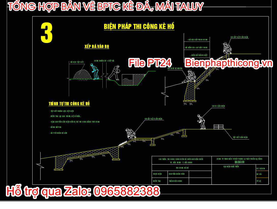 Bản vẽ biện pháp thi công kè hồ cad.