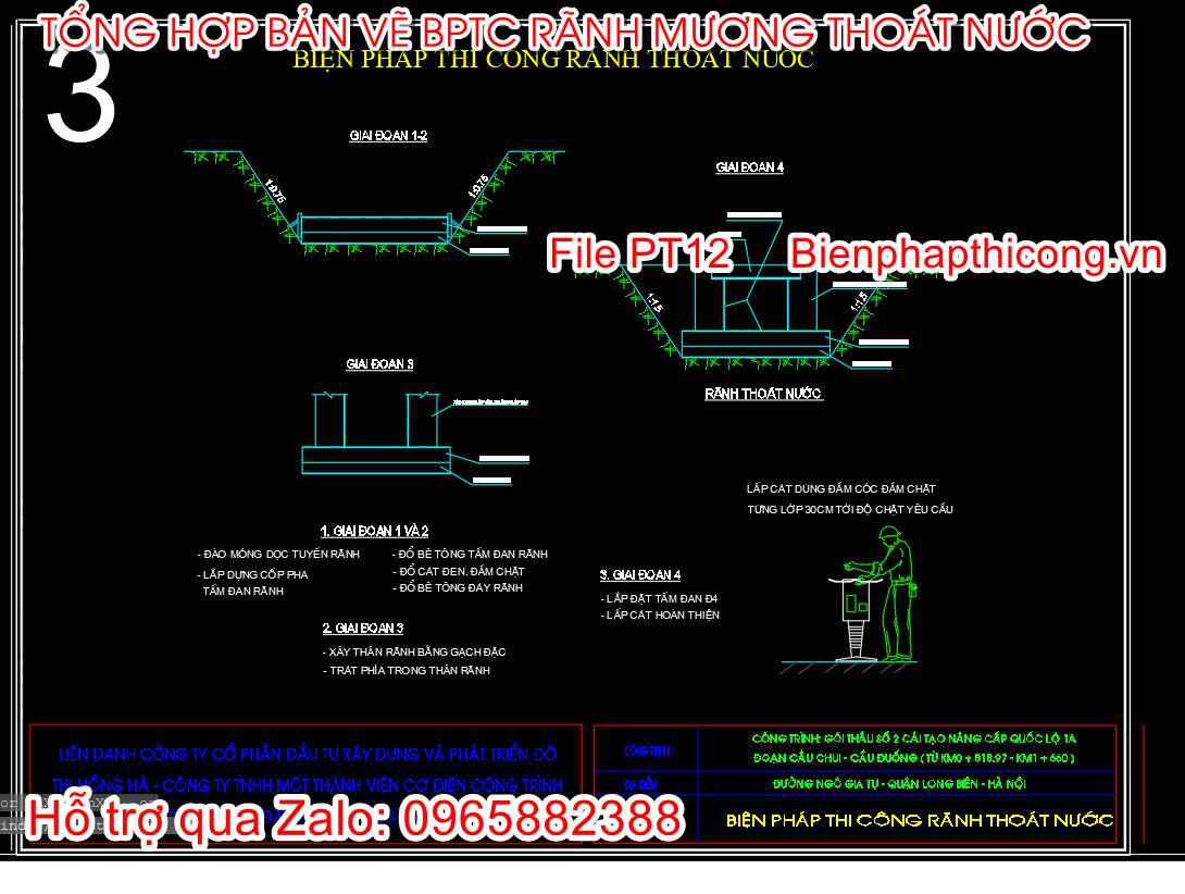 Bản vẽ biện pháp thi công rãnh thoát nước cad.