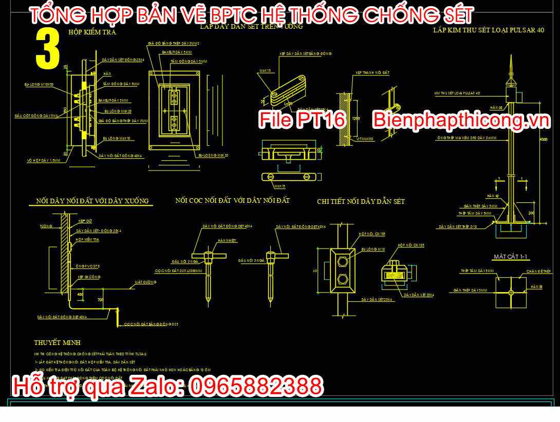 Bản vẽ lắp đặt dây dẫn sét trên tường cad.