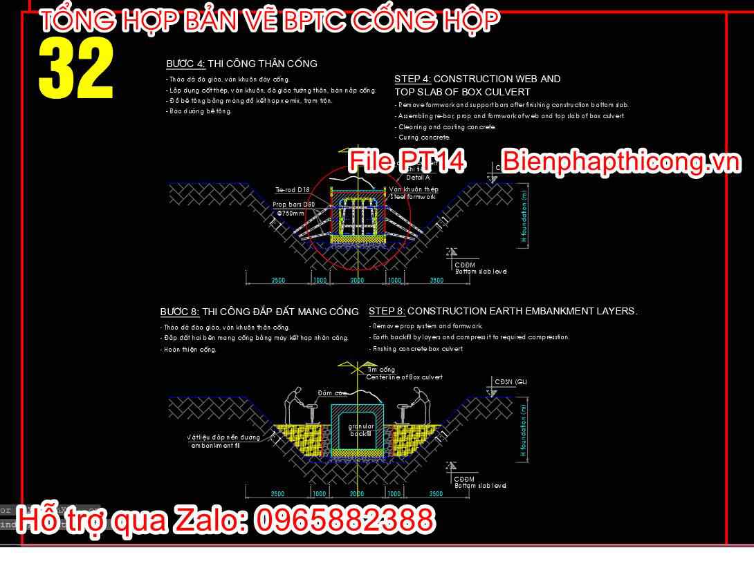 Bản vẽ biện pháp thi công thân cống hộp cad.