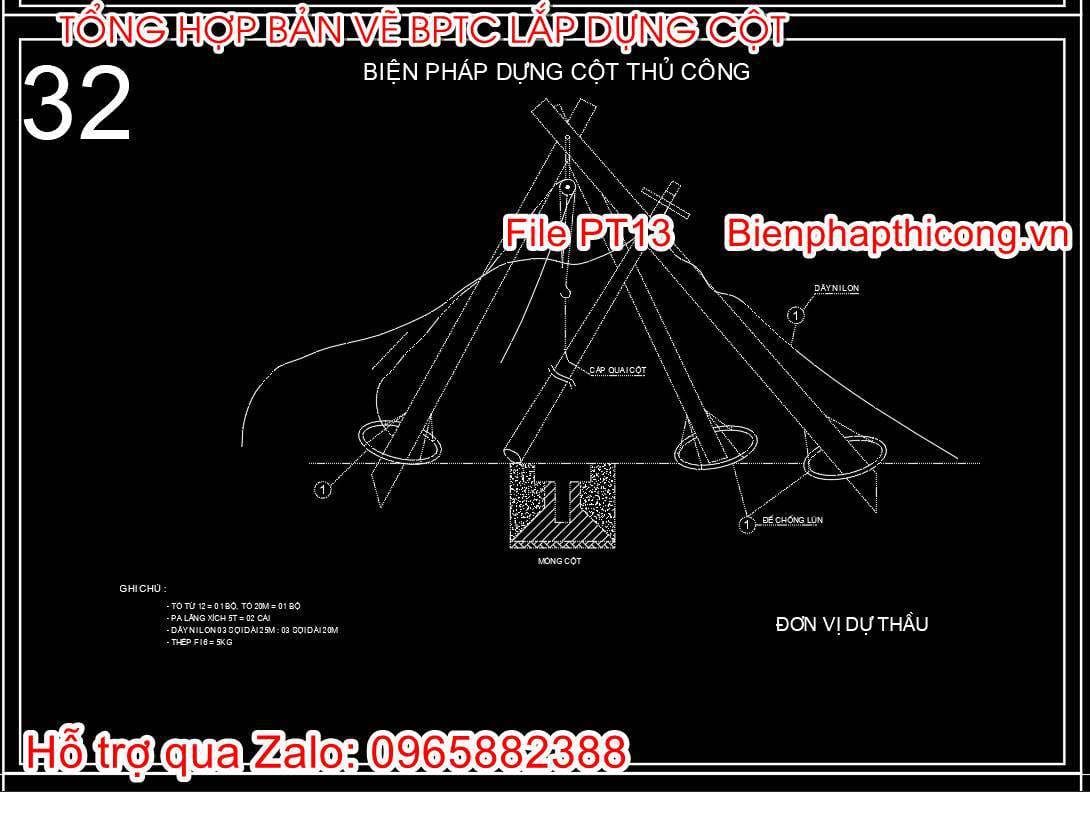 Bản vẽ biện pháp dựng cột thủ công cad.