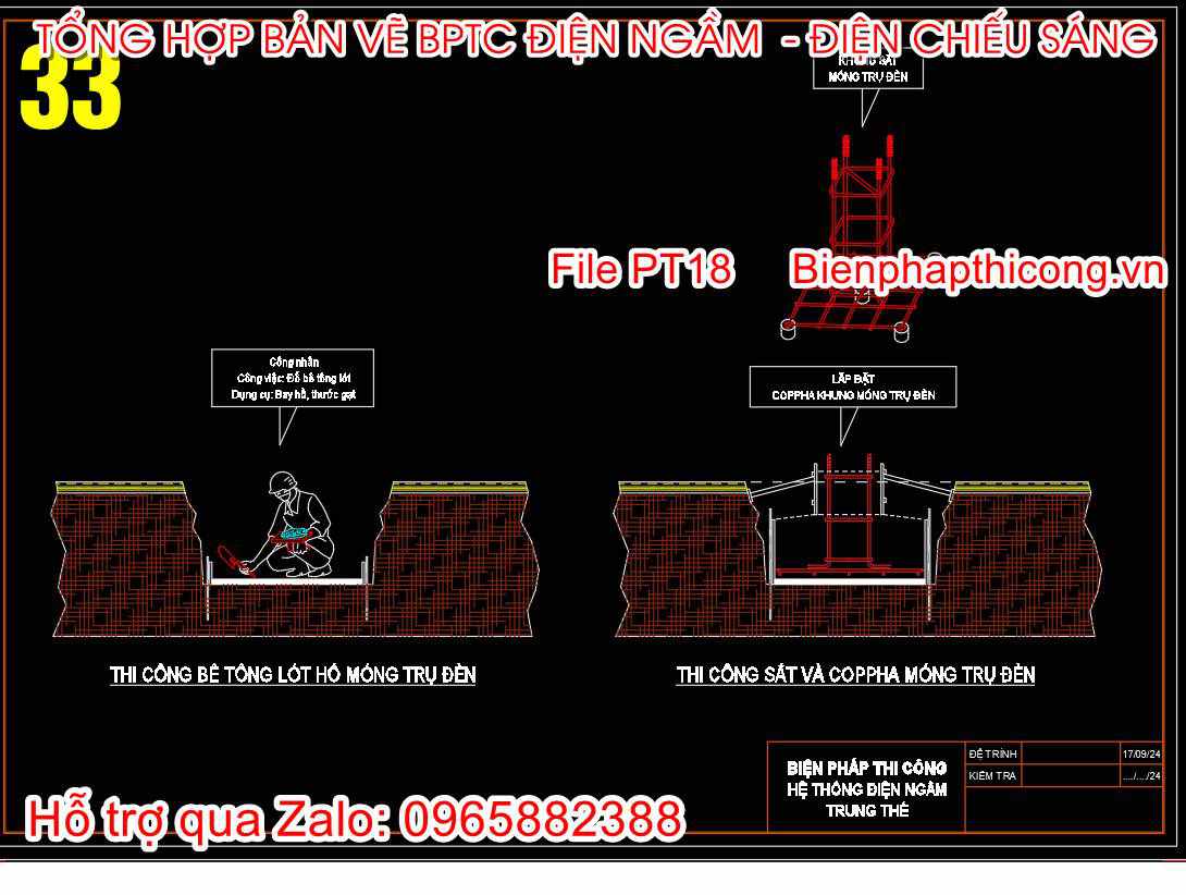 Thi công đổ bê tông lót móng hố trụ đèn.