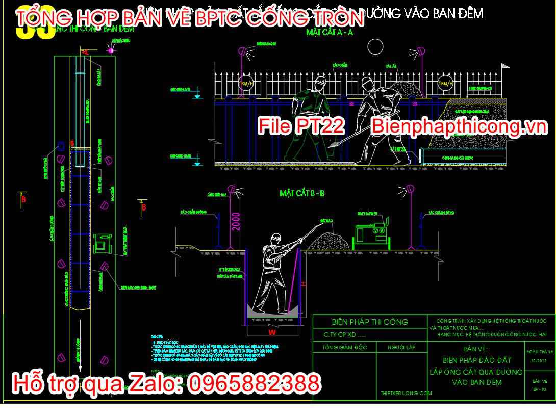 Biện pháp đào đất lấp ống cống qua đường ban đêm.